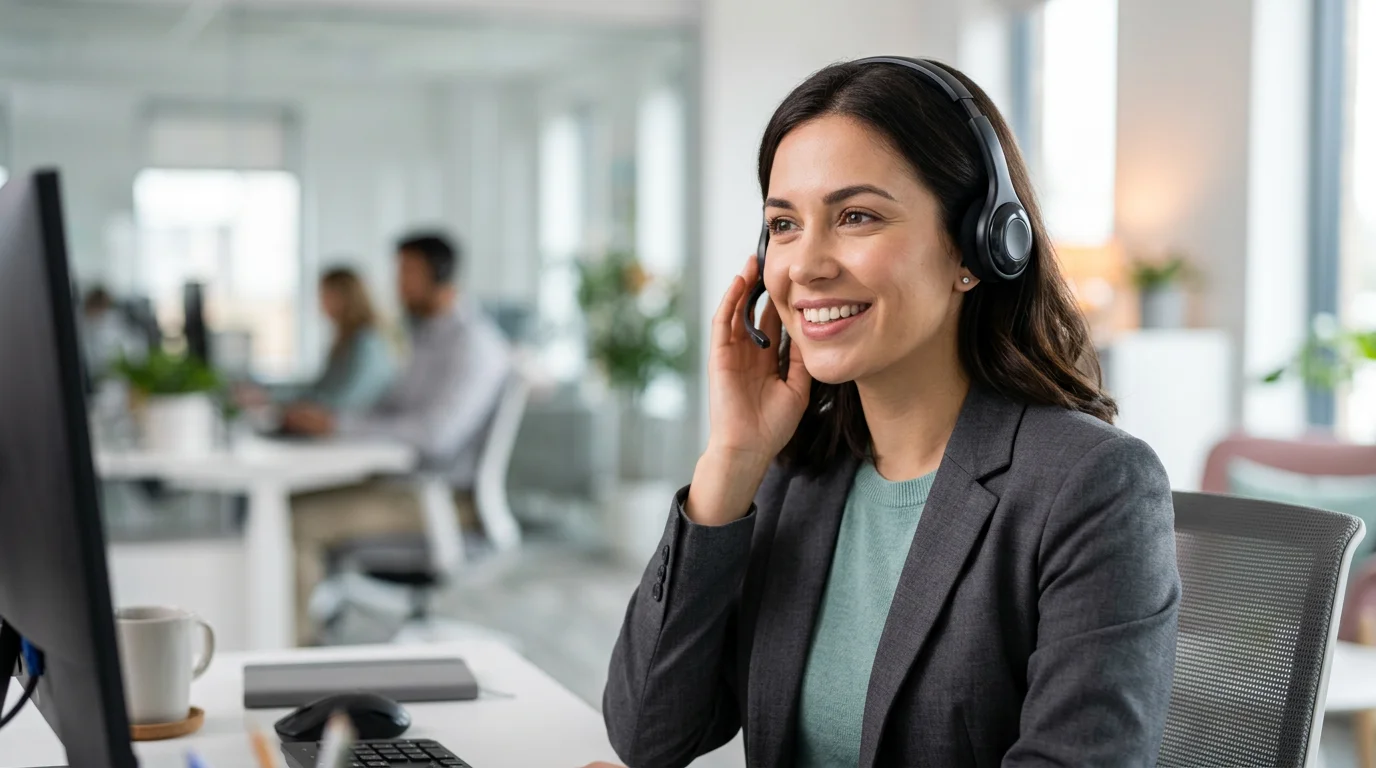 Customer service operator wearing a headset while talking with a customer